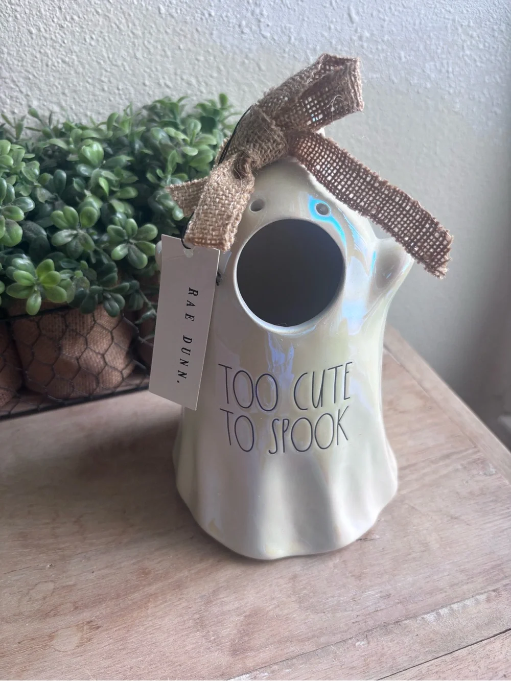 Rae Dunn Iridescent Cream Ghost Vase with Burlap Bow
